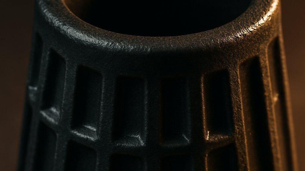 Abstract close-up of a dark ribbed metal casting